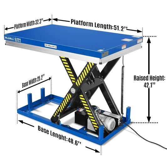 Wireless Remote Control Electric Hydraulic Lift Table, 2200lb Capacity, 51.2" x 32.3" Platform, 42.1" Lift Height, ELT22
