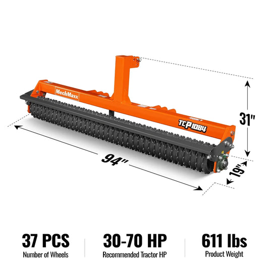 84" Cultipacker with 37 Ductile Iron Wheels, Scraper Bar Included, Category 1 and 2, 3 Point Hitch Tractor Attachment, TCP1084