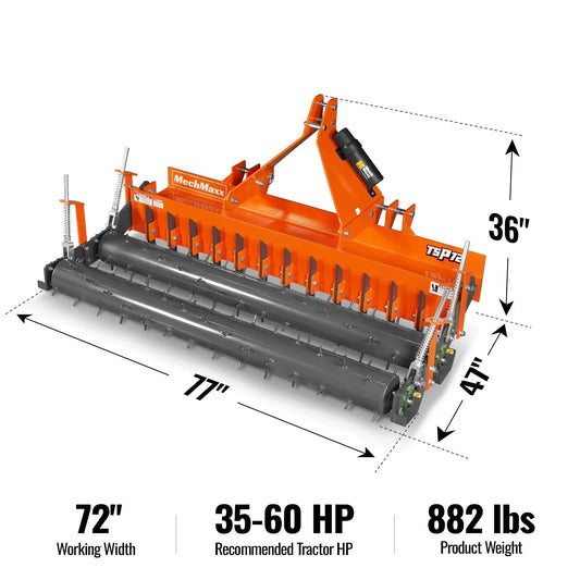 72" Heavy Duty Soil Pulverizer, Double Spiked Roller, 25 Shanks, Category 1 and 2, 3 Point Hitch Tractor Attachment, TSP72D