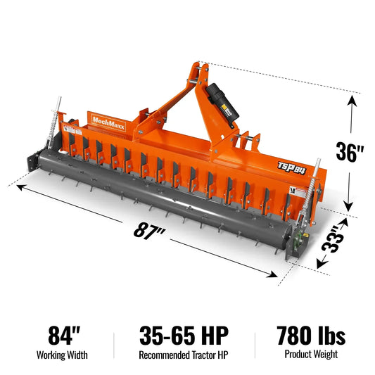 84" Heavy Duty Soil Pulverizer, Single Spiked Roller, 29 Shanks, Category 1 and 2, 3 Point Hitch Tractor Attachment, TSP84
