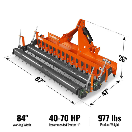 84" Heavy Duty Soil Pulverizer, Double Spiked Roller, 29 Shanks, Category 1 and 2, 3 Point Hitch Tractor Attachment, TSP84D