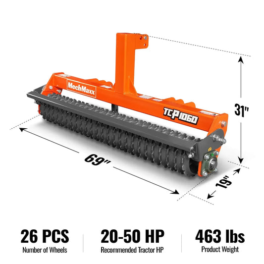 60" Cultipacker with 26 Ductile Iron Wheels, Scraper Bar Included, Category 1 and 2, 3 Point Hitch Tractor Attachment, TCP1060