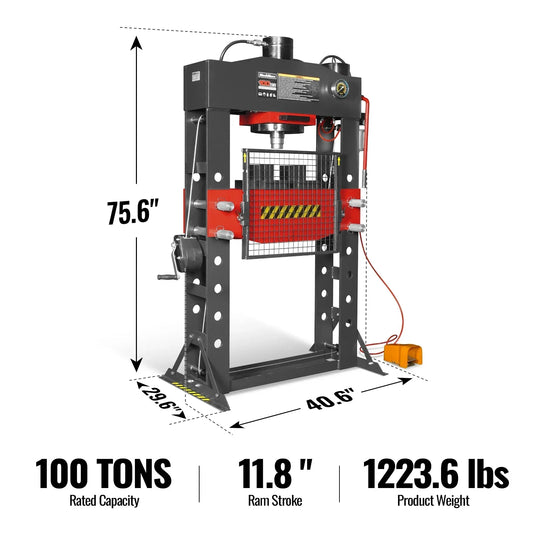 100 Ton H-Frame Air/Hydraulic Shop Press with Hand Winch, Fully Welded Steel Frame, Safety Guard, Foot Pedal Control, HSP100