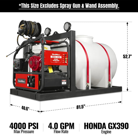 4000 PSI 4 GPM HONDA E-Start Engine Hot Water Pressure Washer Skid Mounted with 245 Gal Tank, HPW40HBT