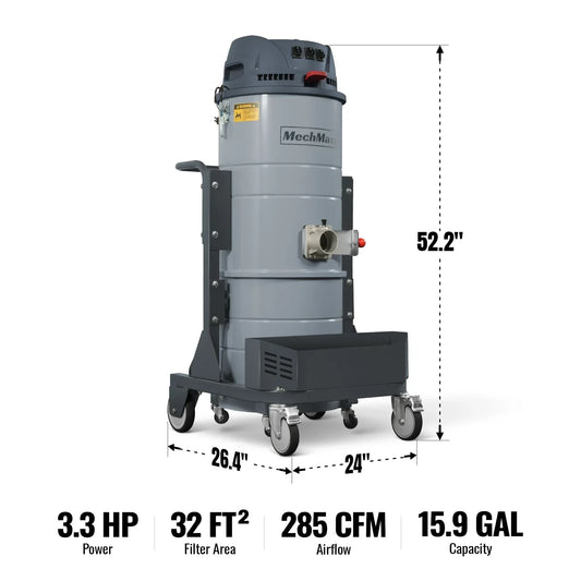 Industrial Wet/Dry Vacuum Cleaner with HEPA Filter Three Motor 3.3 HP 285 CFM 16 Gallon - 110V 1 Phase, IVA3M