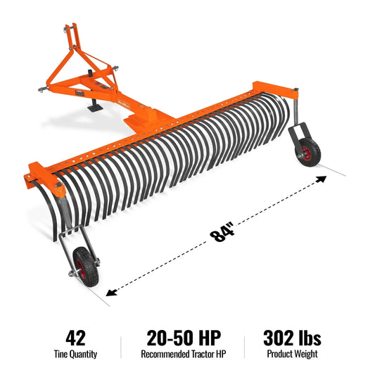 84" Landscape Rake with Bolt-On Wheels & 42 Tines 3 Point Hitch Tractor Attachment, LR84W