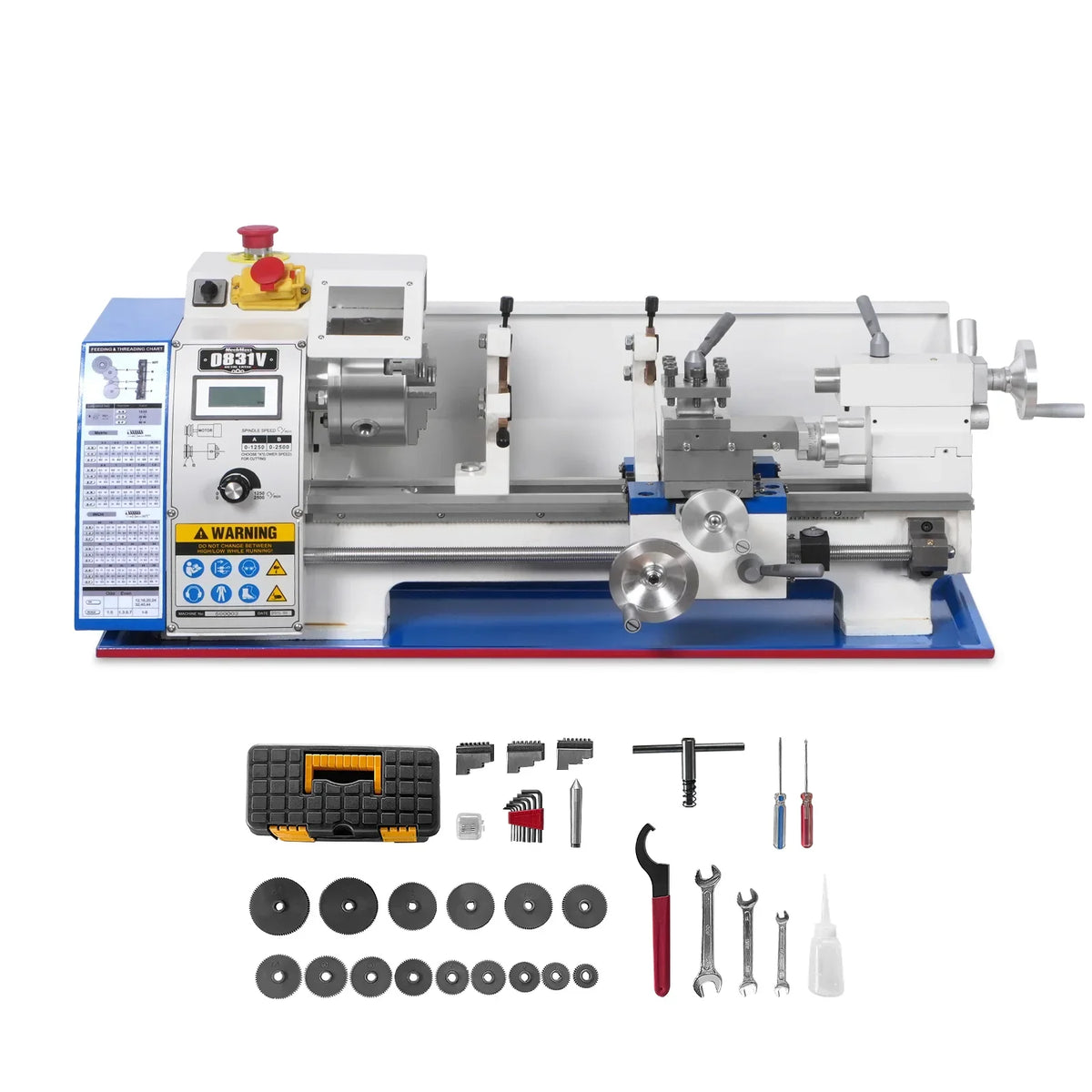 1.5‘’ Spindle Bore Metal Lathe Machine 8'' x 16'' High Precision Brushless Motor Mini 1.5HP Benchtop 0-2500 RPM Variable Speed Metal Working Machine 1.5‘’ Spindle Bore Small Lathe without Stand 0831V