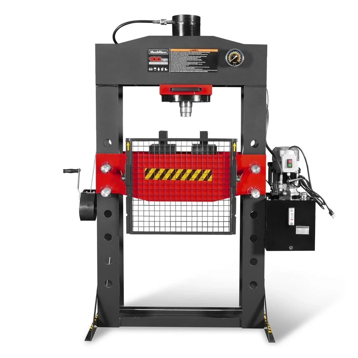 100 Ton H-Frame Electric Hydraulic Shop Press with Hand Winch, 110V Motor, Fully Welded Steel Frame, Safety Guard, HSP100E