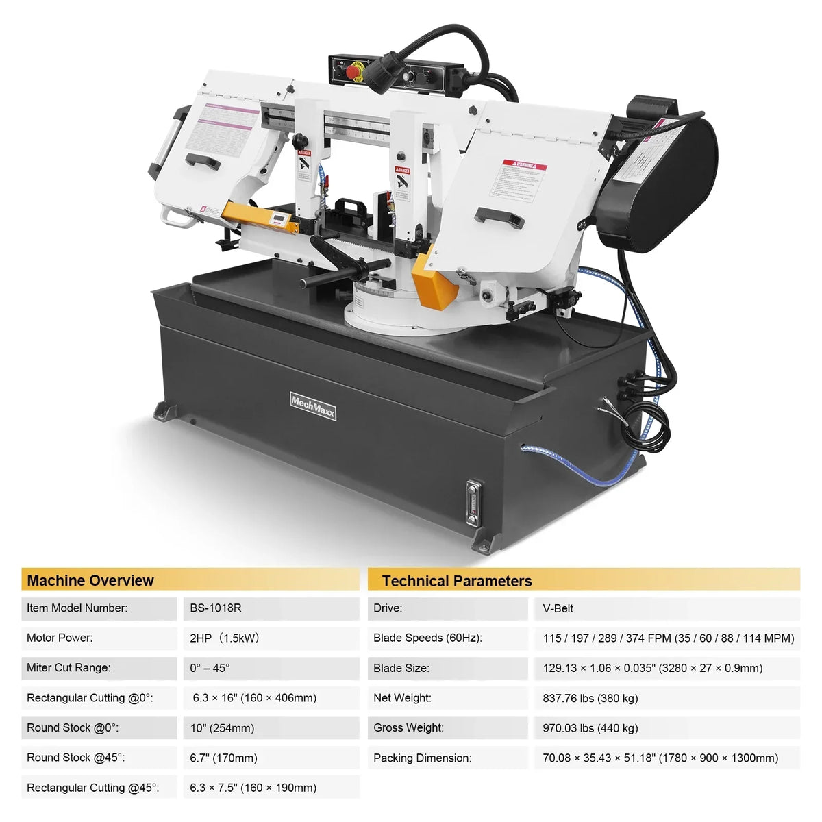 MechMaxx Metal Cutting Band Saw 10 Inch Horizontal Bandsaw 2HP 220V 60Hz 1PH 0‑45° Mitering Hydraulic Down Feed Built‑in Coolant System for Steel Aluminum Alloy Metal Fabrication BS-1018R
