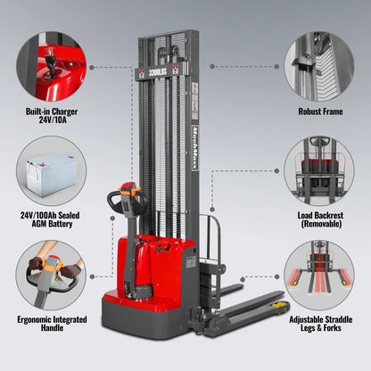 3300lbs Electric Straddle Stacker,  138" Lift,  Adjustable Legs & Forks,  F33-138SLA
