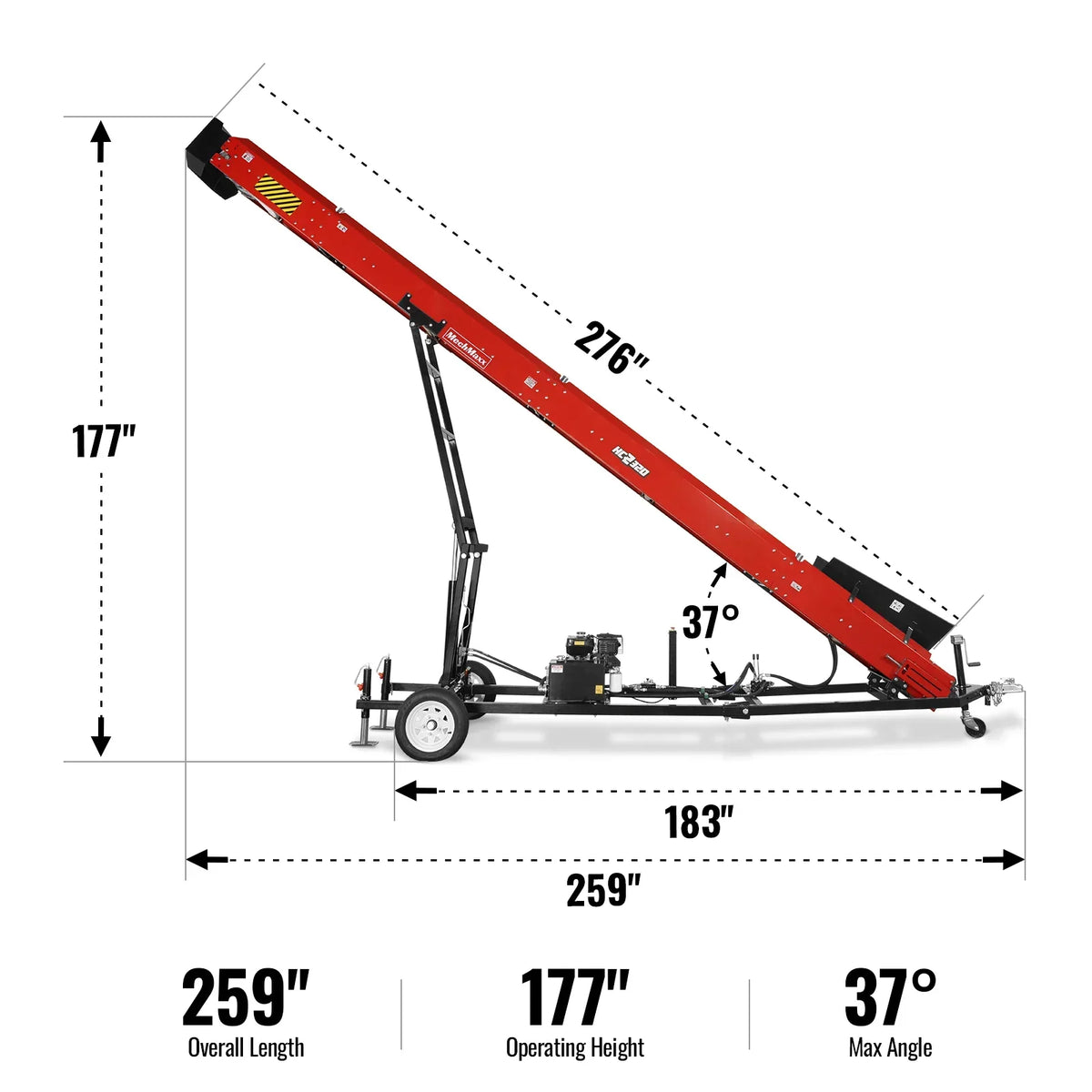 Heavy Duty Conveyor,  9HP 270cc Gasoline Powered Max. 180" Lift Height,  276'' Length,  19.7" Width,  HC2320