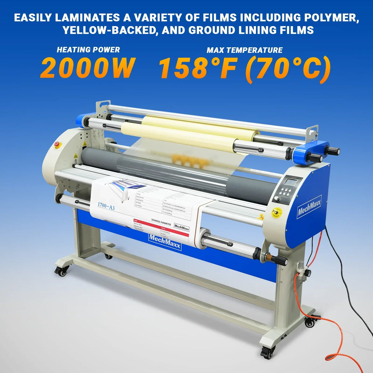 67" Wide Format Full Auto Cold & Heat Assisted Pneumatic Laminator Machine with 4 Trimmers, Max Speed 52.5 ft/min, 63" Max Laminating Width, 1.1" Max Thickness, Infrared Heating, Digital Control (Requires Air Compressor, Not Included)-1700-A3
