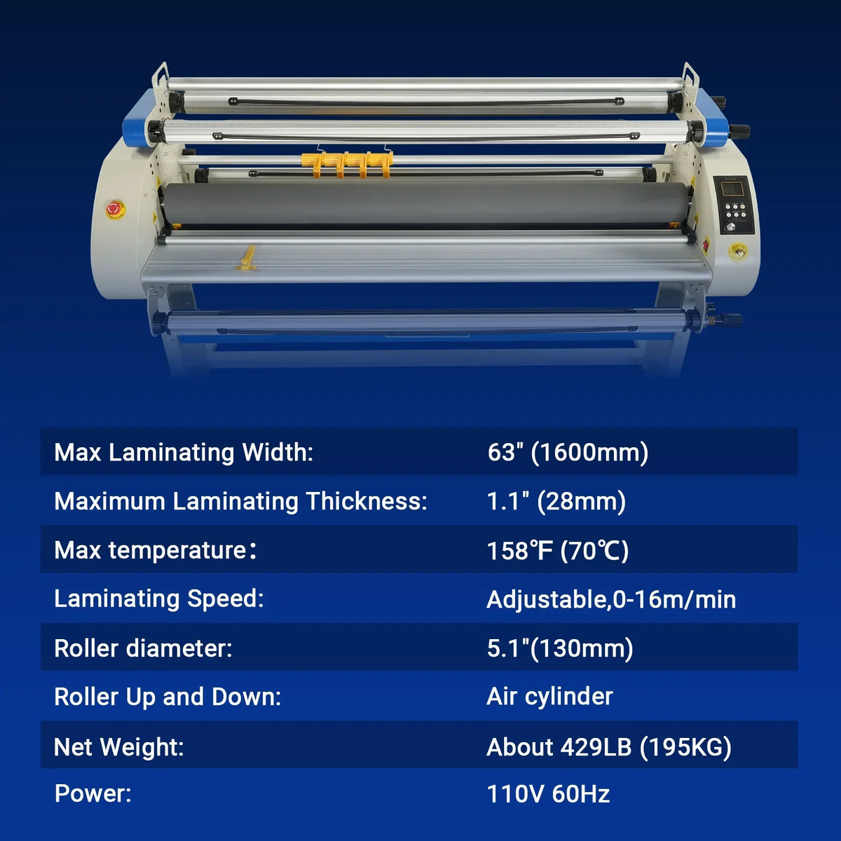 67" Wide Format Full Auto Cold & Heat Assisted Pneumatic Laminator Machine with 4 Trimmers, Max Speed 52.5 ft/min, 63" Max Laminating Width, 1.1" Max Thickness, Infrared Heating, Digital Control (Requires Air Compressor, Not Included)-1700-A3
