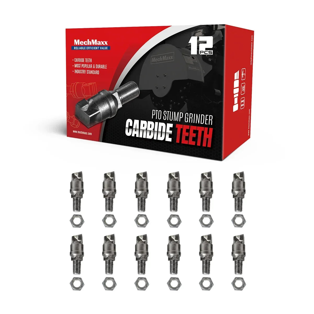 (1 Pack / 12 Pcs) Teeth and Nuts for Stump Grinder SG24; SG24PRO; SG28; SG30PRO; SG61, (SKU: 150151;150151G;150181;150181G;150182;150182G;150183;150183G;150501; 150602)