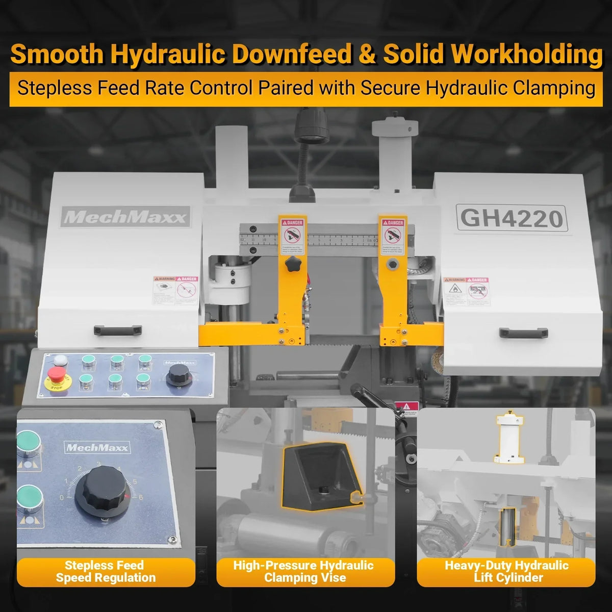 8 Inch 7-7/8" x 7-7/8" Capacity Double Column Horizontal Metal Cutting Band Saw, Vertical Lifting, Gearbox Driven Two-Speed Motor, Hydraulic Feed, Manual Clamping, Coolant System Industrial Bandsaw GH4220