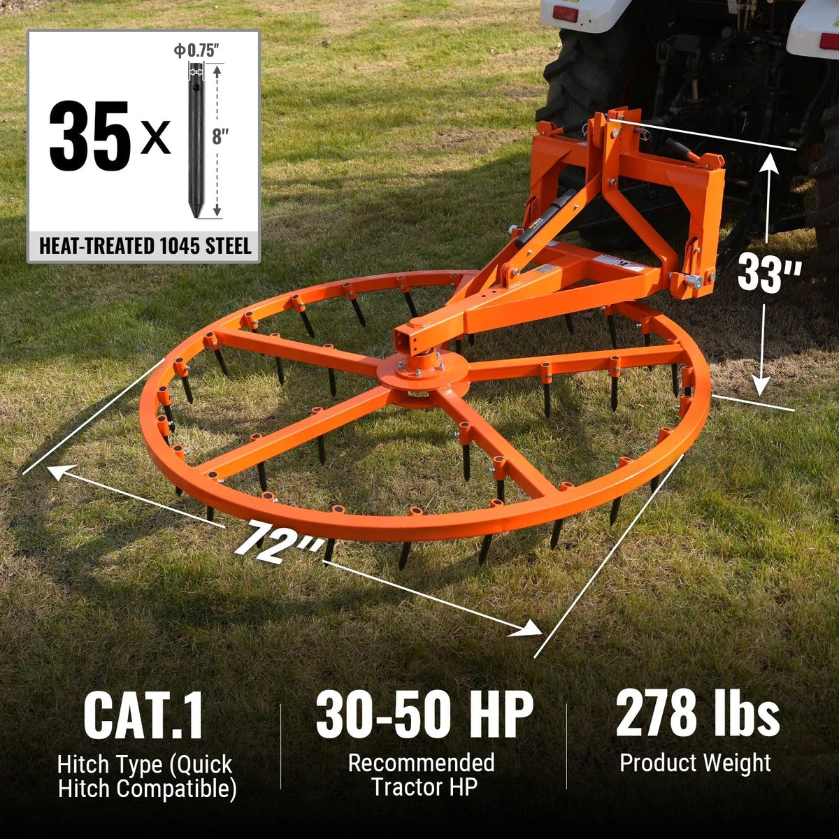 72" Arena Spin Harrow Groomer with 35 Tines Cat.1 3 Point Hitch Grooming Attachment,  AHG72