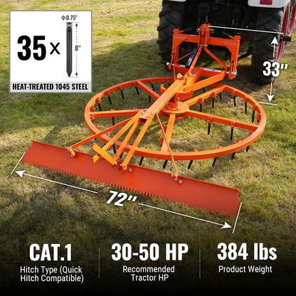 72" Arena Spin Harrow Groomer with 35 Tines and Rake Cat.1 3 Point Hitch Grooming Attachment,  AHG72R