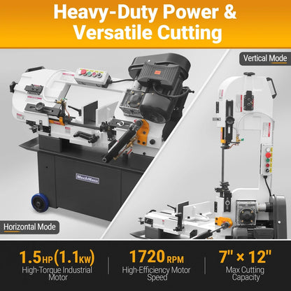 7" x 12" Metal Band Saw, 1.5 HP 115V/230V Dual Voltage 4-Speed Horizontal Vertical Bandsaw with Hydraulic Downfeed, Coolant System & Adjustable Angle Cutting for Steel, Aluminum, Pipe & Structural Metal BS-712N