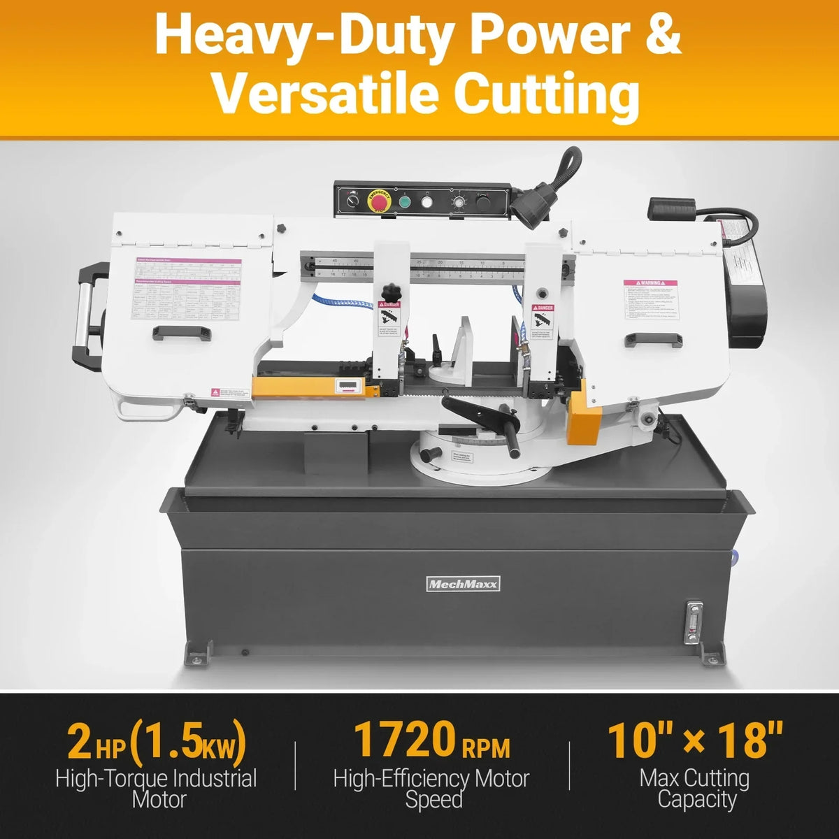 MechMaxx Metal Cutting Band Saw 10 Inch Horizontal Bandsaw 2HP 220V 60Hz 1PH 0‑45° Mitering Hydraulic Down Feed Built‑in Coolant System for Steel Aluminum Alloy Metal Fabrication BS-1018R
