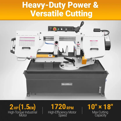 MechMaxx Metal Cutting Band Saw 10 Inch Horizontal Bandsaw 2HP 220V 60Hz 1PH 0‑45° Mitering Hydraulic Down Feed Built‑in Coolant System for Steel Aluminum Alloy Metal Fabrication BS-1018R