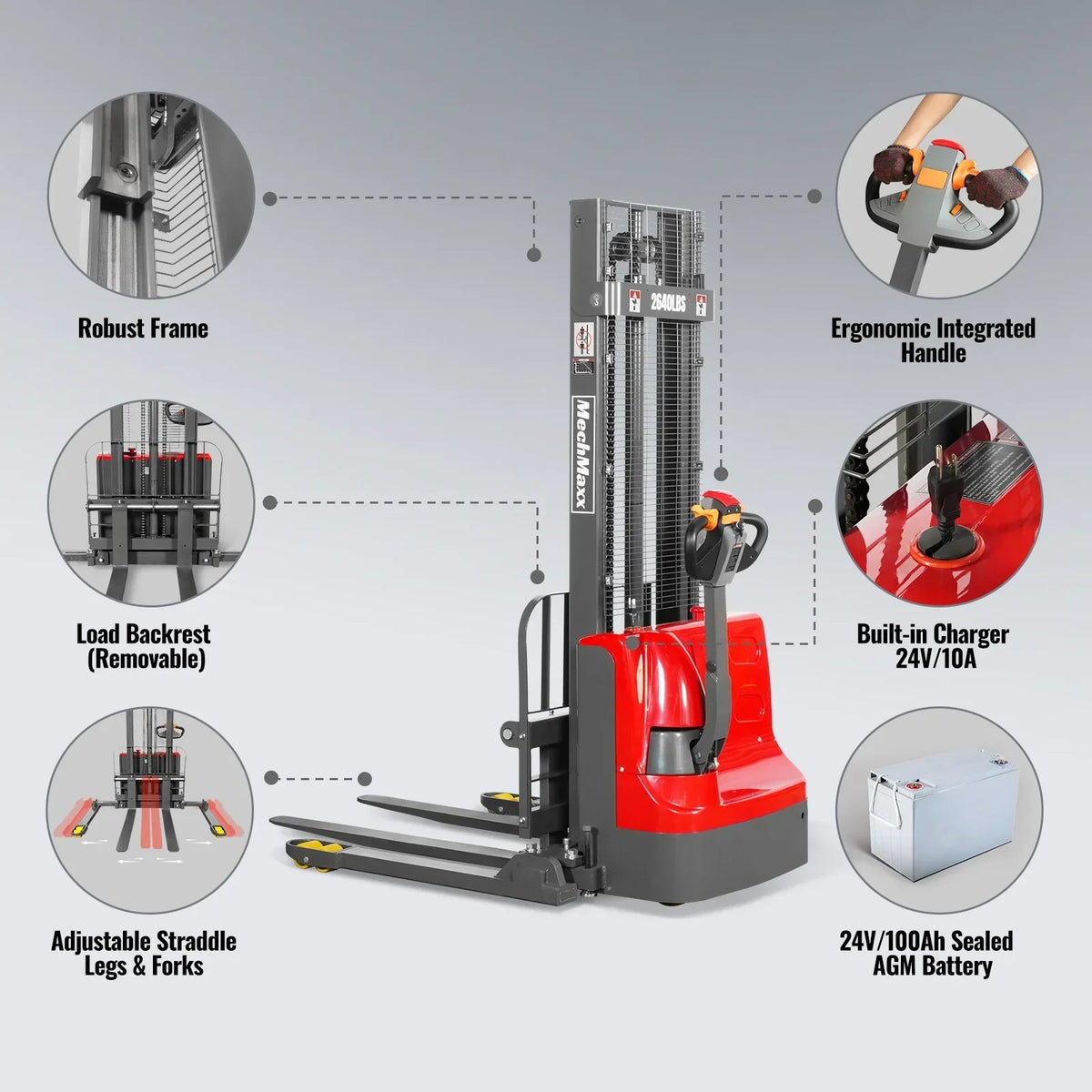 2640lbs Electric Straddle Stacker,  118" Lift,  Adjustable Legs & Forks,  F26-118SLA