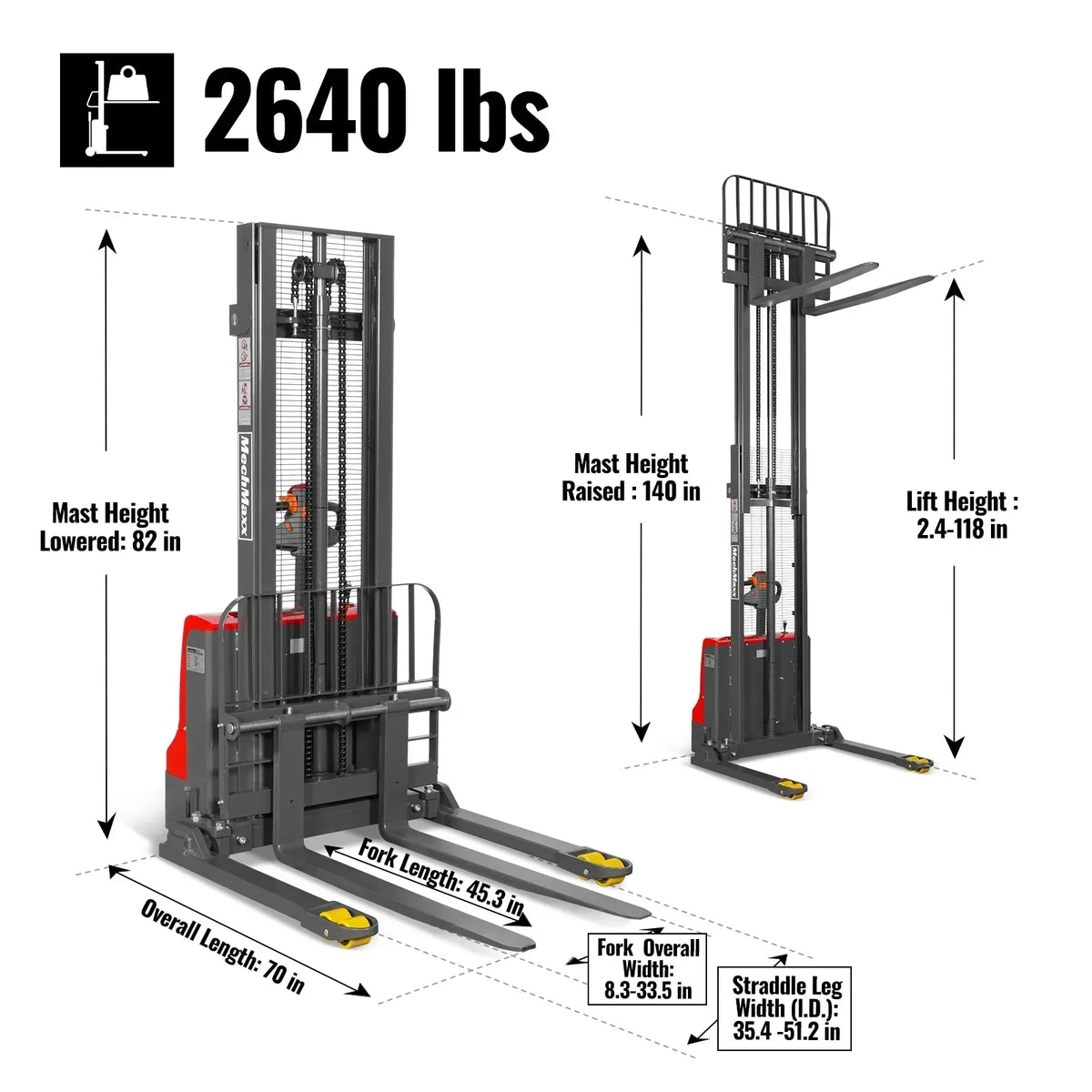 2640lbs Electric Straddle Stacker,  118" Lift,  Adjustable Legs & Forks,  F26-118SLA