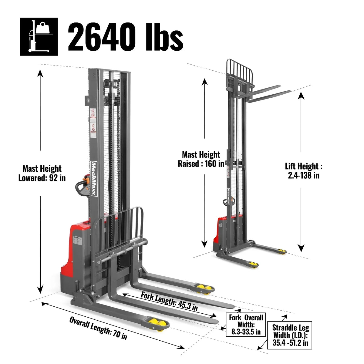 2640lbs Electric Straddle Stacker, 138" Lift,  Adjustable Legs & Forks,  F26-138SLA