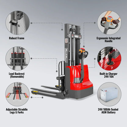 2640lbs Electric Straddle Stacker,  98" Lift,  Adjustable Legs & Forks,  F26-98SLA