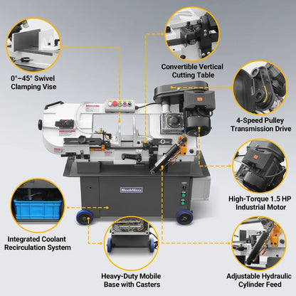 7" x 12" Metal Band Saw, 1.5 HP 115V/230V Dual Voltage 4-Speed Horizontal Vertical Bandsaw with Hydraulic Downfeed, Coolant System & Adjustable Angle Cutting for Steel, Aluminum, Pipe & Structural Metal BS-712N