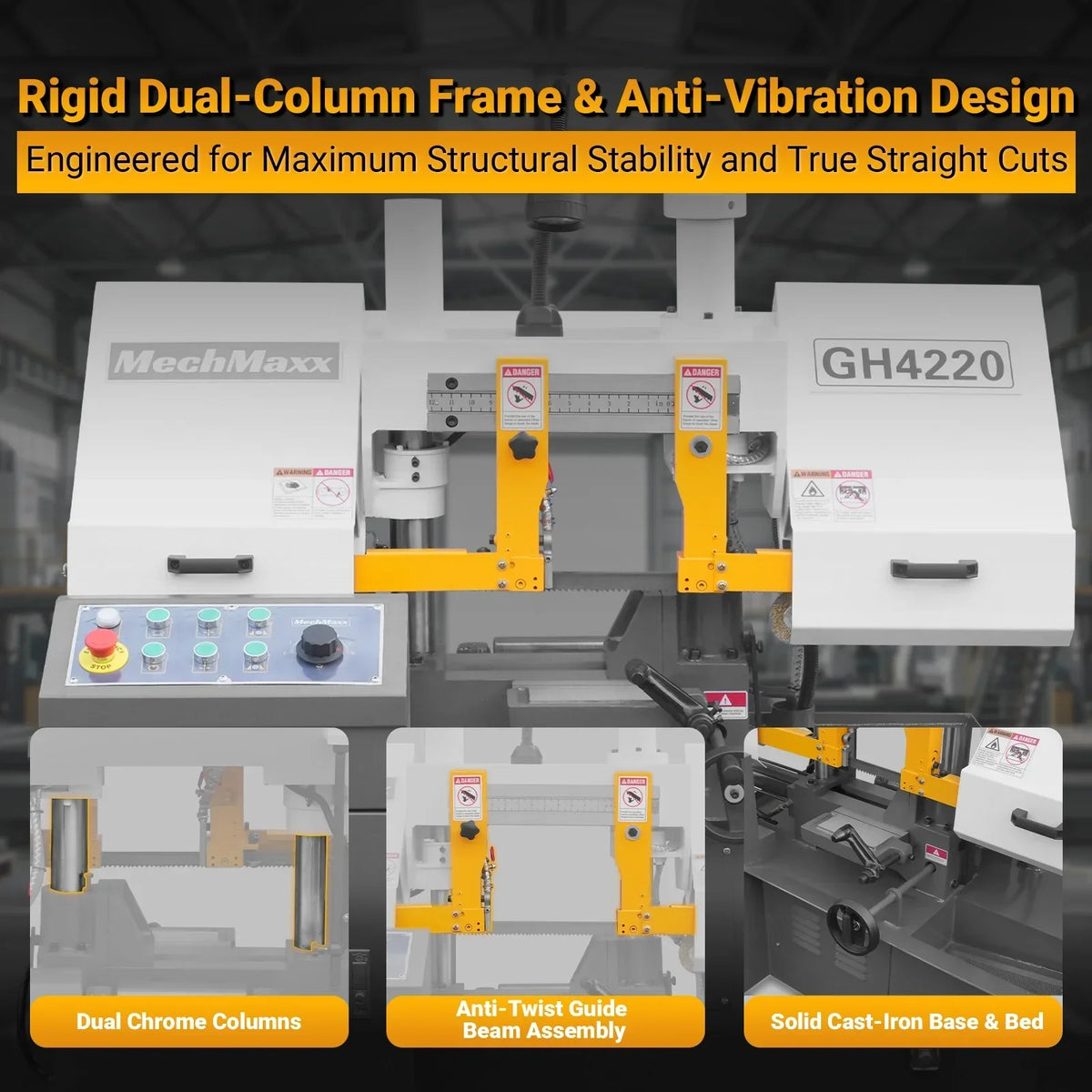 8 Inch 7-7/8" x 7-7/8" Capacity Double Column Horizontal Metal Cutting Band Saw, Vertical Lifting, Gearbox Driven Two-Speed Motor, Hydraulic Feed, Manual Clamping, Coolant System Industrial Bandsaw GH4220
