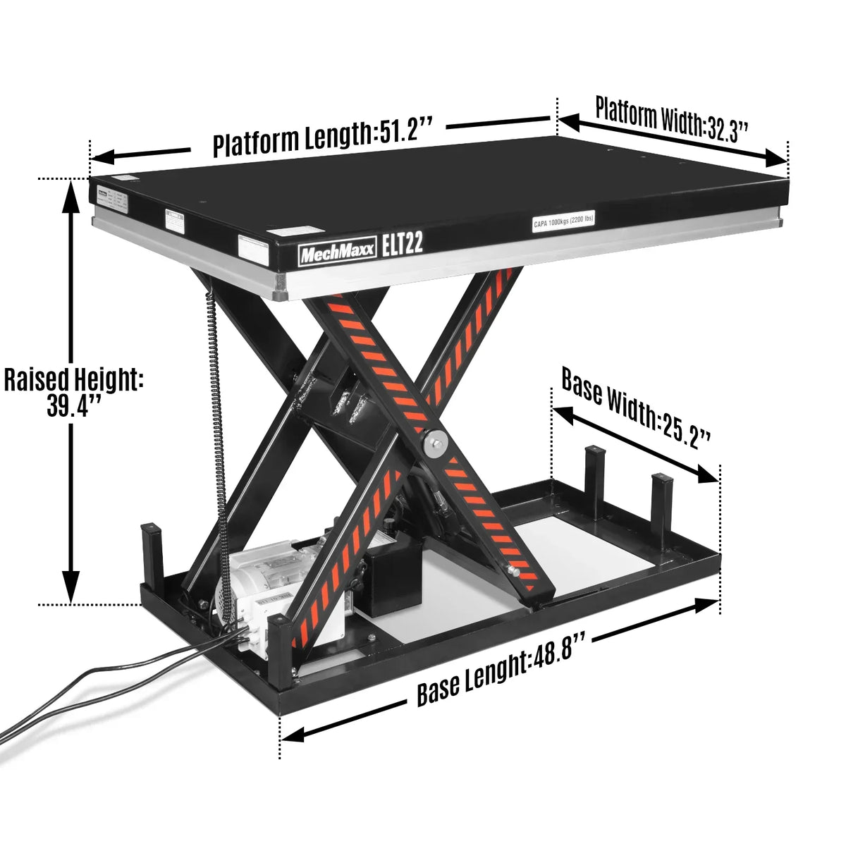 2200lb Capacity Stationary Electric Hydraulic Lift Table ,  51.2" x 32.3" Platform,  39.4" Lift Height , UL Certified Motor,  ELT22
