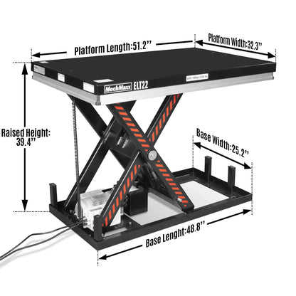 2200lb Capacity Stationary Electric Hydraulic Lift Table ,  51.2" x 32.3" Platform,  39.4" Lift Height , UL Certified Motor,  ELT22