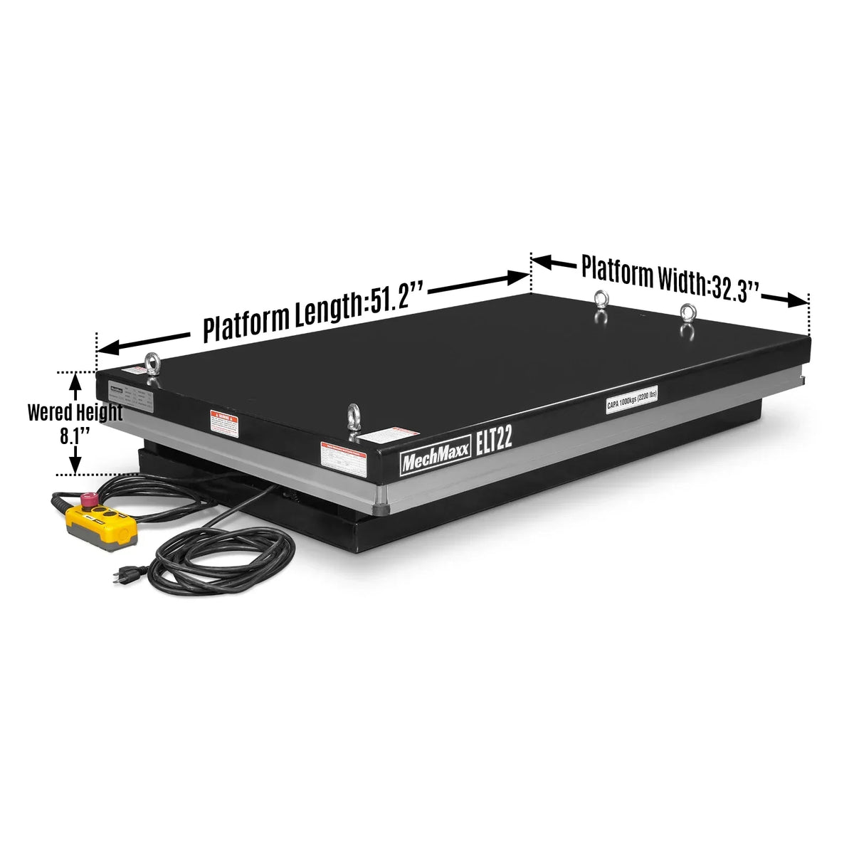 2200lb Capacity Stationary Electric Hydraulic Lift Table ,  51.2" x 32.3" Platform,  39.4" Lift Height , UL Certified Motor,  ELT22