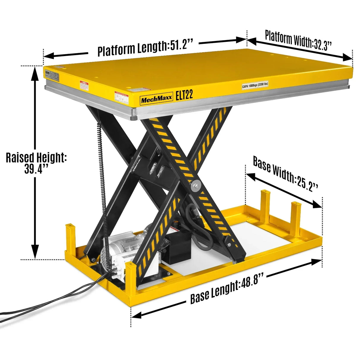 2200lb Capacity Stationary Electric Hydraulic Lift Table ,  51.2" x 32.3" Platform,  39.4" Lift Height , UL Certified Motor,  ELT22