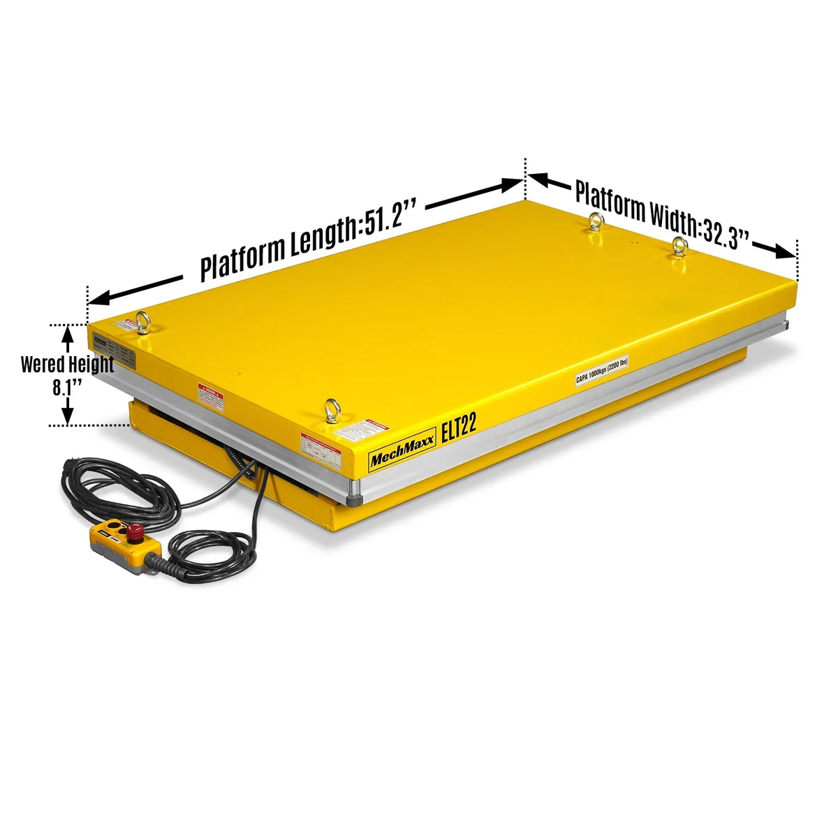 2200lb Capacity Stationary Electric Hydraulic Lift Table ,  51.2" x 32.3" Platform,  39.4" Lift Height , UL Certified Motor,  ELT22