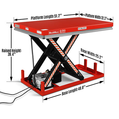 2200lb Capacity Stationary Electric Hydraulic Lift Table ,  51.2" x 32.3" Platform,  39.4" Lift Height , UL Certified Motor,  ELT22