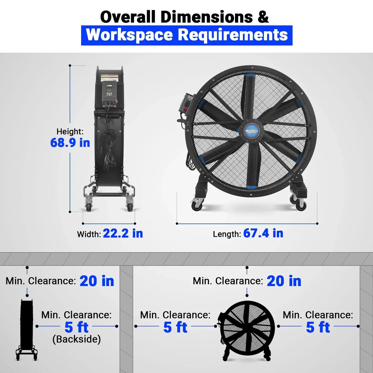 59" Portable Industrial Fan with Variable High-Efficiency PMSM Motor,Mobile High Volume Floor Fan for Warehouse,Workshop & Gym