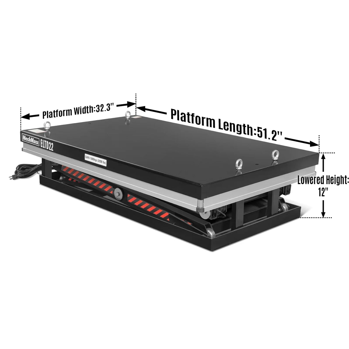 2200 lbs Capacity Stationary Electric Hydraulic Double Scissor Lift Table - 51.2" x 32.3" Platform,  70.1" Lift Height,  UL Certified Motor,  ELTD22