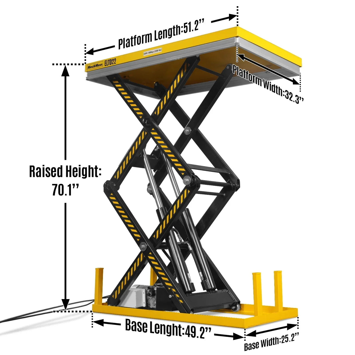 2200 lbs Capacity Stationary Electric Hydraulic Double Scissor Lift Table - 51.2" x 32.3" Platform,  70.1" Lift Height,  UL Certified Motor,  ELTD22