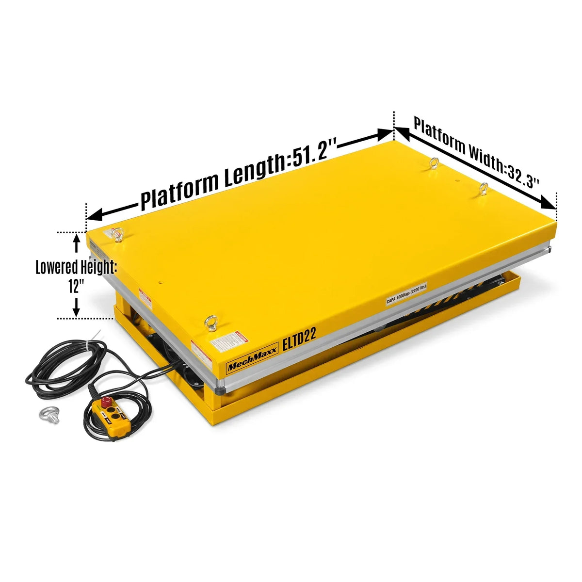 2200 lbs Capacity Stationary Electric Hydraulic Double Scissor Lift Table - 51.2" x 32.3" Platform,  70.1" Lift Height,  UL Certified Motor,  ELTD22