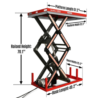 2200 lbs Capacity Stationary Electric Hydraulic Double Scissor Lift Table - 51.2" x 32.3" Platform,  70.1" Lift Height,  UL Certified Motor,  ELTD22