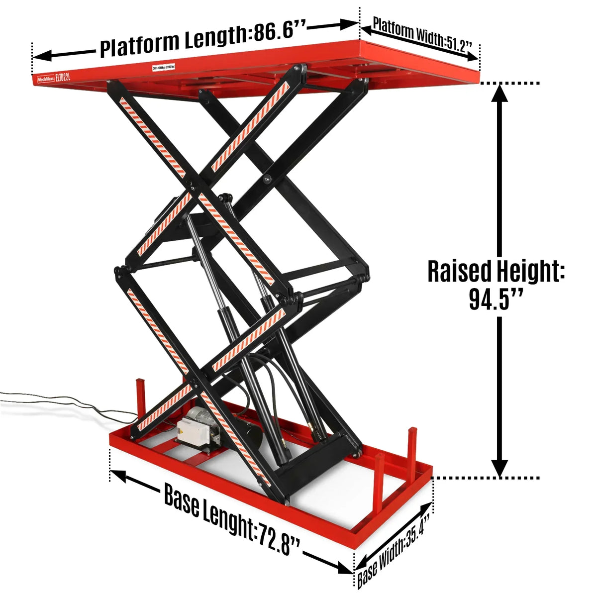 2200 lbs Capacity Stationary Powered Hydraulic Double Scissor Lift Table, 86.6" x 51.2" Platform, 94.5" Lift Height,  UL Certified Motor,  ELTD22L