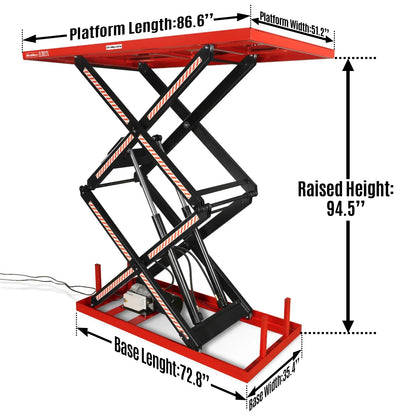 2200 lbs Capacity Stationary Powered Hydraulic Double Scissor Lift Table, 86.6" x 51.2" Platform, 94.5" Lift Height,  UL Certified Motor,  ELTD22L