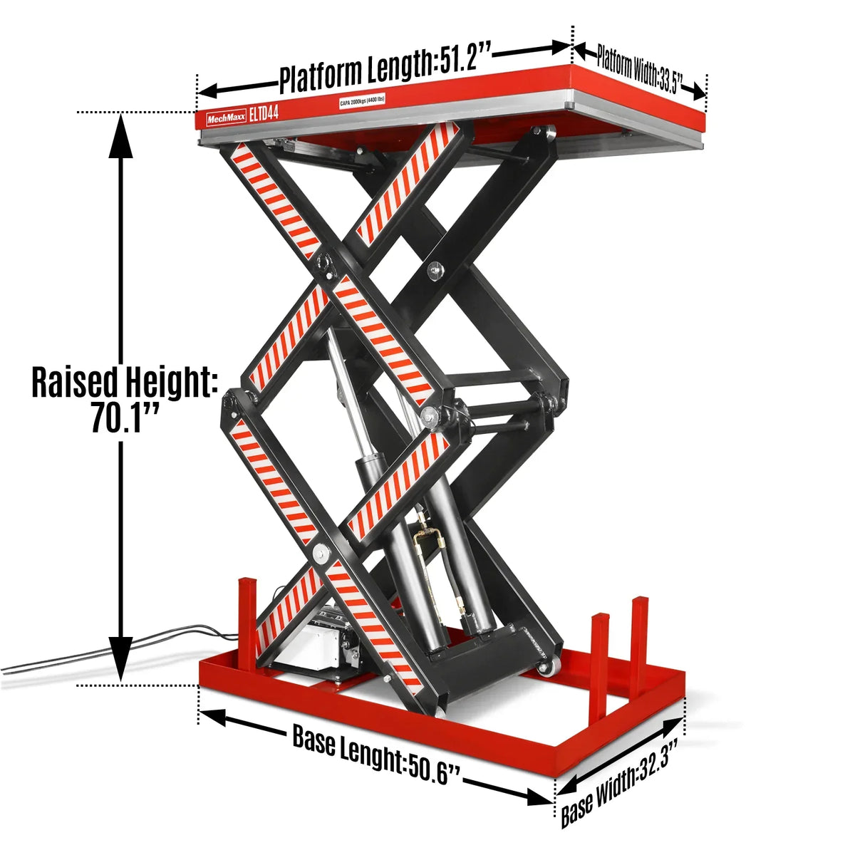 4400lbs Capacity Stationary Electric Hydraulic Double Scissor Lift Table,  51.2" x 33.5" Platform,  70.1" Lift Height,  UL Certified Motor,  ELTD44