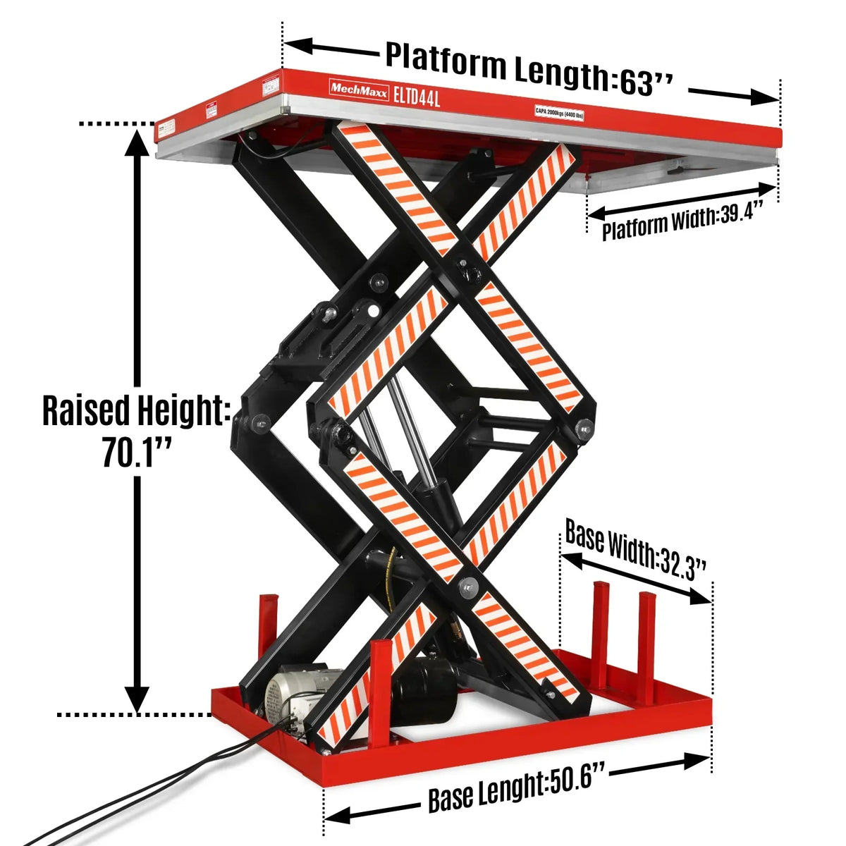 4400 lb Capacity Stationary Electric Hydraulic Double Scissor Lift Table - 63" x 39.4" Platform,  70.1" Lift Height,  UL Certified Motor,  ELTD44L