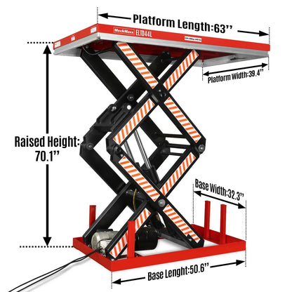 4400 lb Capacity Stationary Electric Hydraulic Double Scissor Lift Table - 63" x 39.4" Platform,  70.1" Lift Height,  UL Certified Motor,  ELTD44L