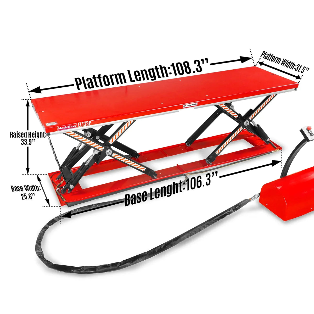 Stationary Electric Hydraulic Parallel Double Scissor Lift Table 3300lb Capacity,  108.3" x 31.5" Platform,  33.9" Lift Height,  UL Certified Motor,  ELT33P