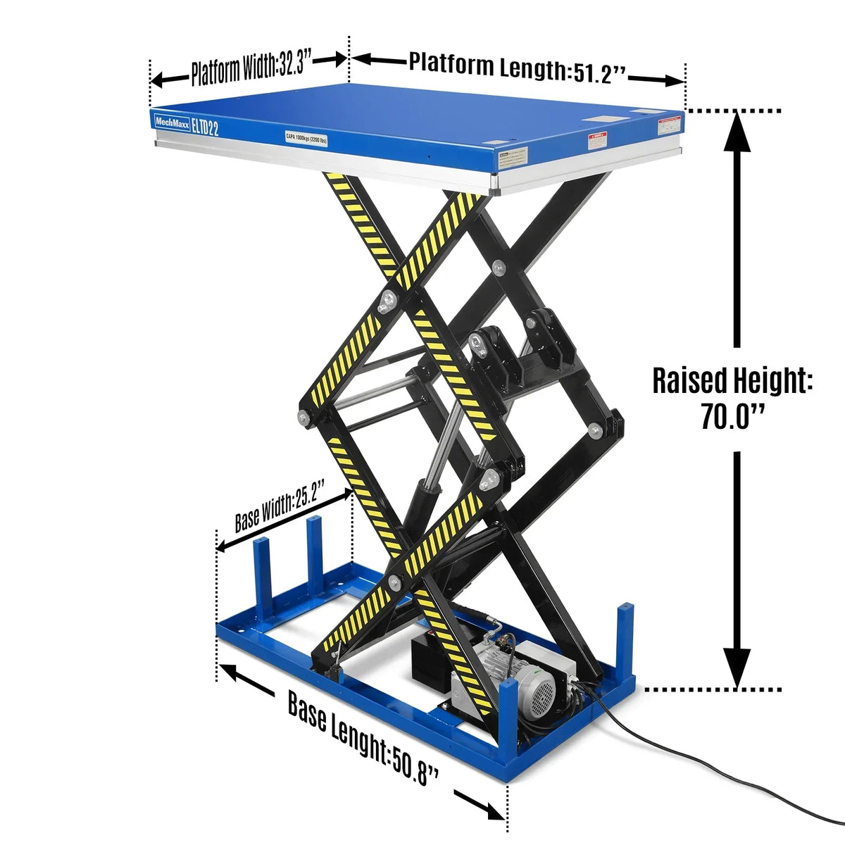 Wireless Remote Control Double Scissor Electric Hydraulic Lift Table, 2200lb Capacity, 51.2" x 32.3" Platform, 70" Lift Height, ELTD22