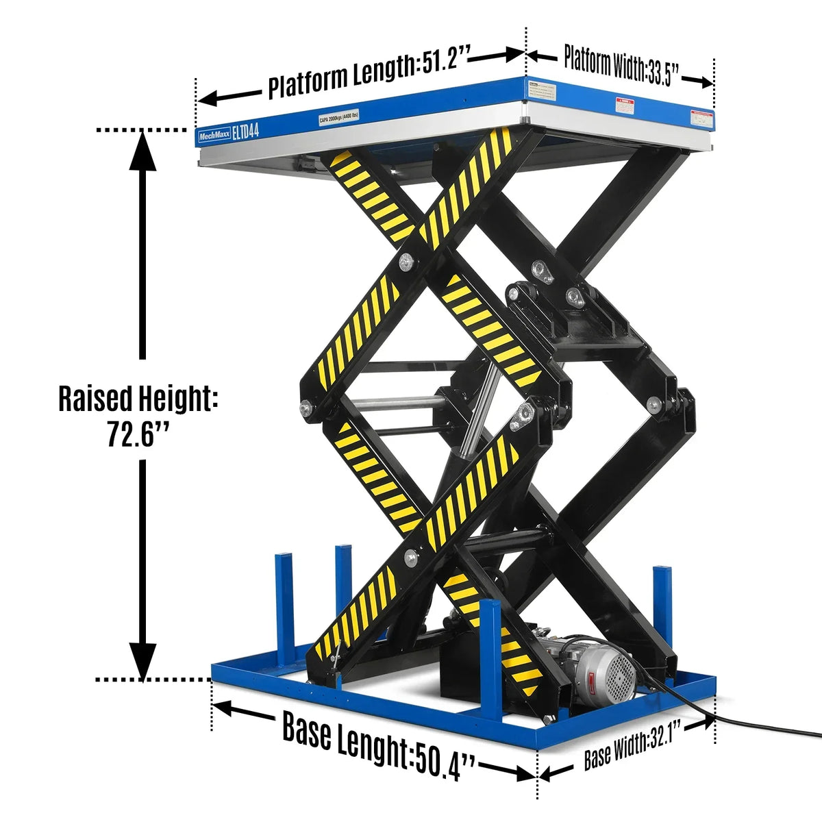Wireless Remote Control Double Scissor Electric Hydraulic Lift Table, 4400lb Capacity, 51.2" x 33.5" Platform, 72.6" Lift Height, ELTD44