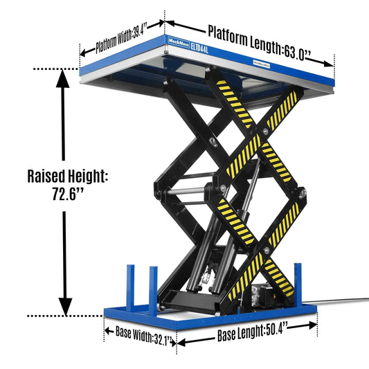 Wireless Remote Control Double Scissor Electric Hydraulic Lift Table, 4400lb Capacity, 63" x 39.4" Large Platform, 72.6" Lift Height, ELTD44L